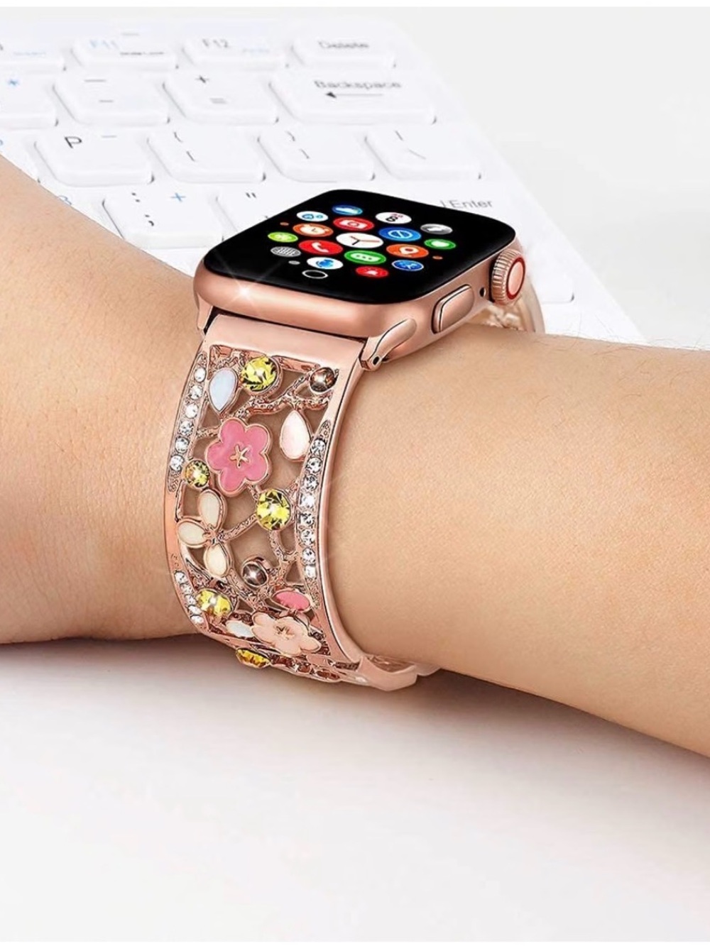 Rose Gold Floral Crystal Apple Watch Band 42/44/45/46/49mm series 11/10/9/8/7 - Picture 4 of 10